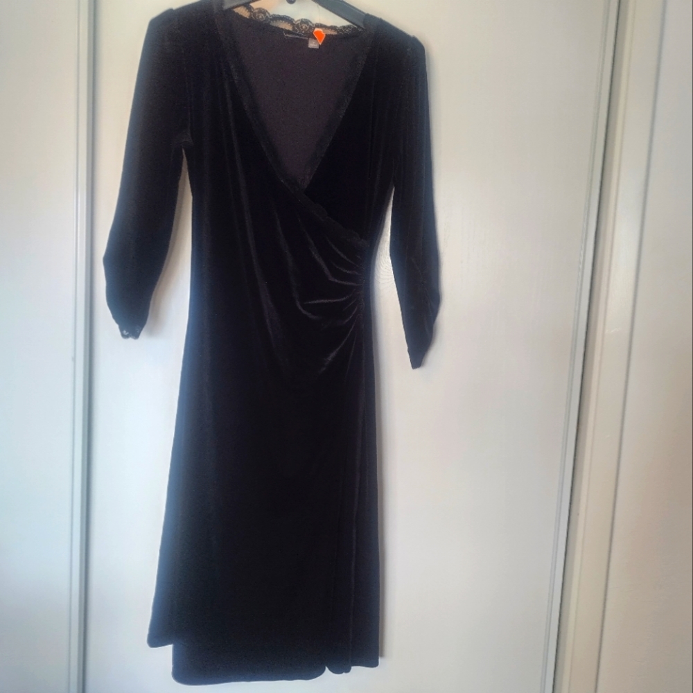 FIRE PORTFOLIO Black Velvet and Lace Faux Wrap Dress size M